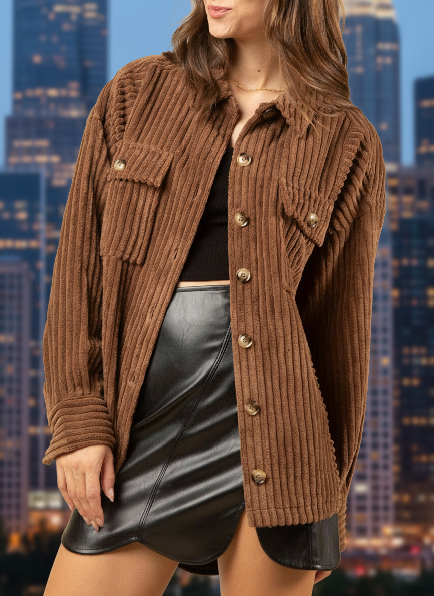 Women's Button-Up Long Sleeve Corduroy Jacket by Trendsi