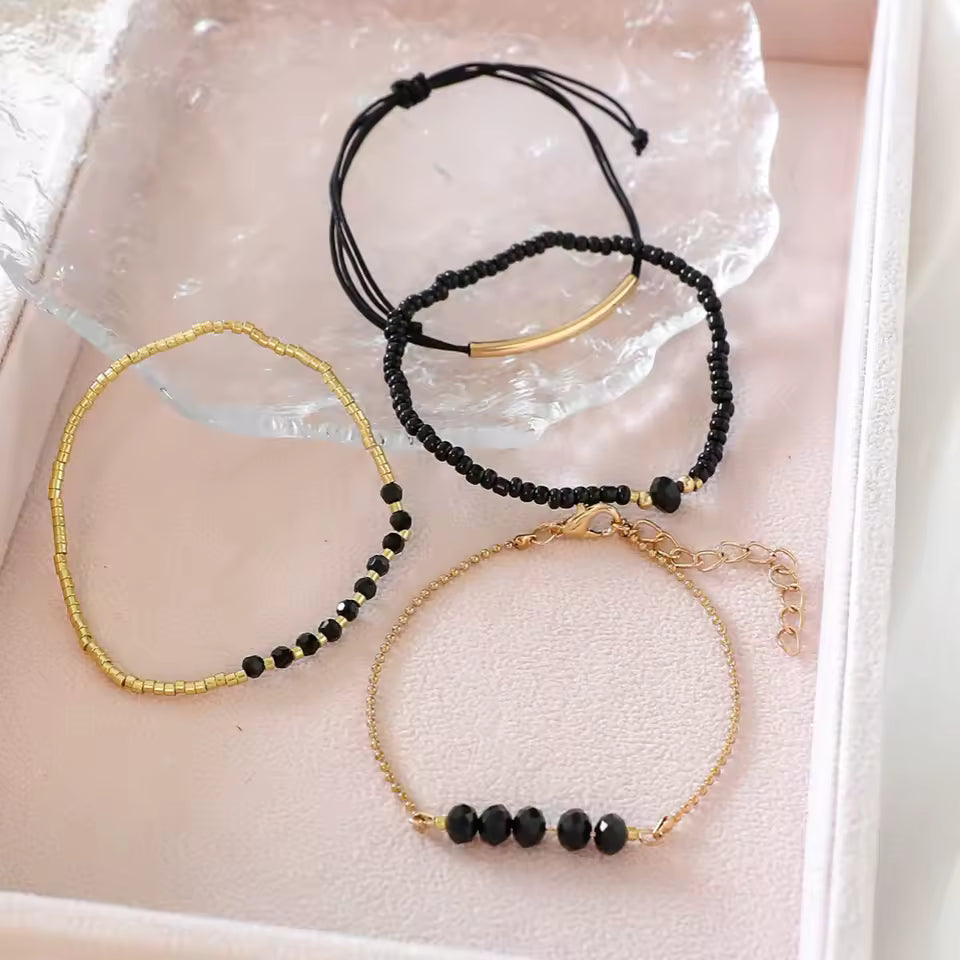 4Pcs Black Glass Stone Bracelet Set for Women – Boho Handmade Jewelry by fashionfashion