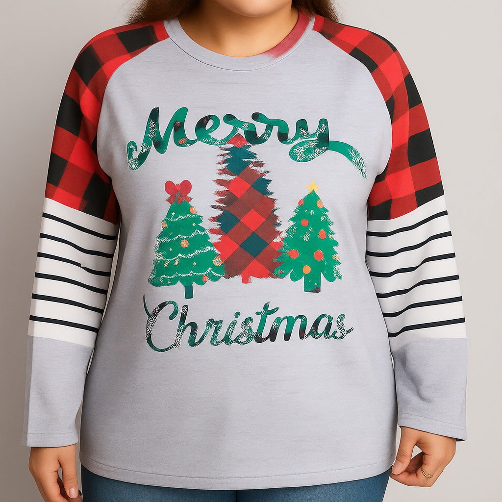 Plus Size Christmas Tree Plaid Round Neck Long Sleeve T-Shirt by Trendsi