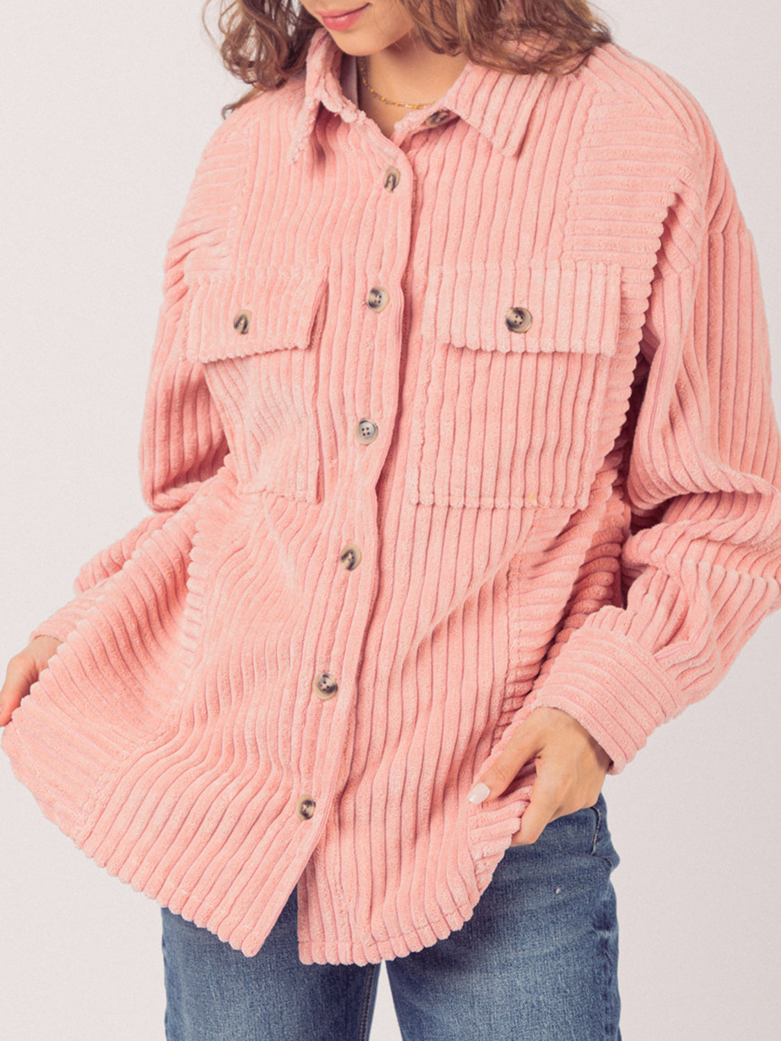 Women's Button-Up Long Sleeve Corduroy Jacket by Trendsi