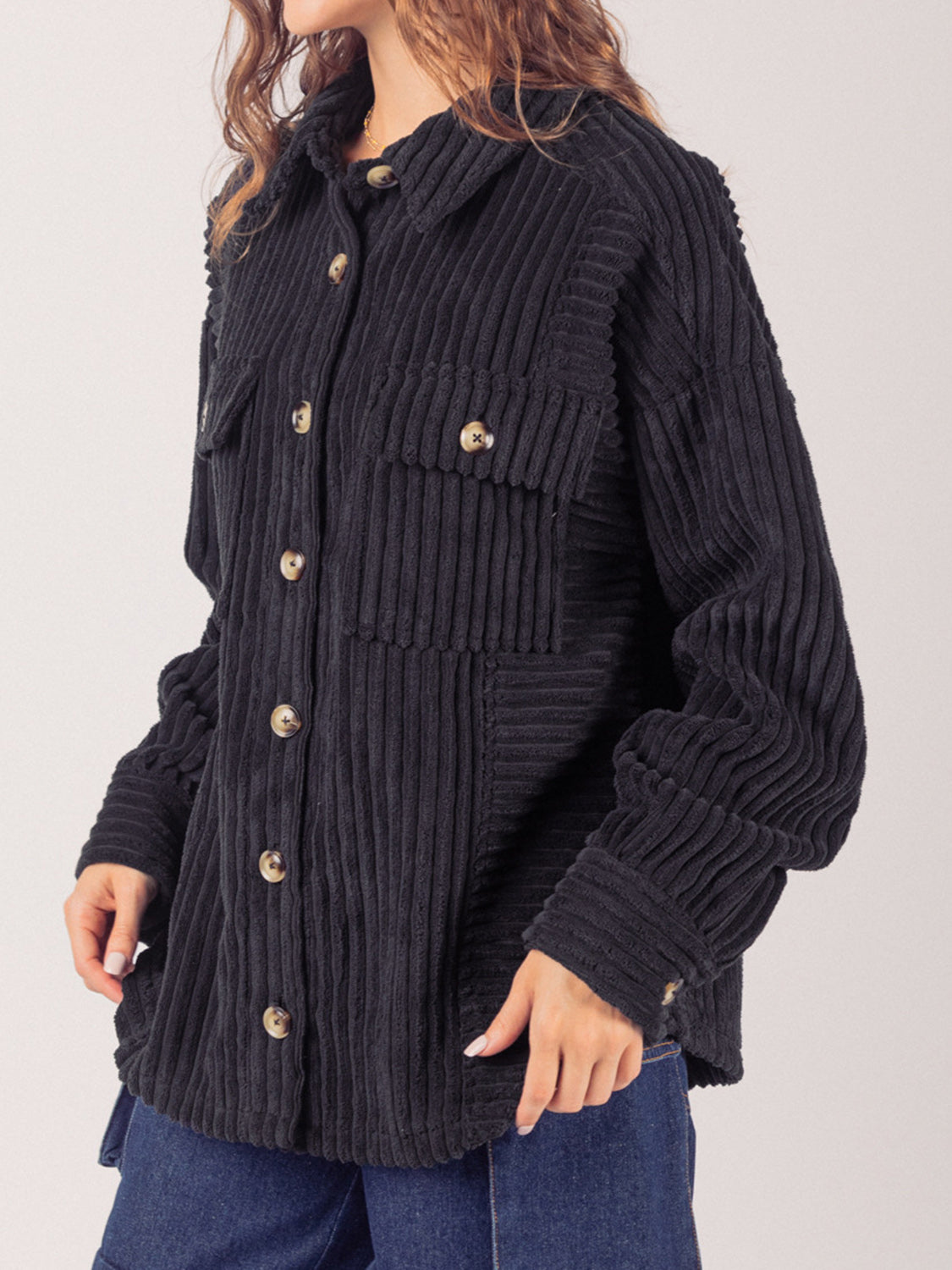 Women's Button-Up Long Sleeve Corduroy Jacket by Trendsi