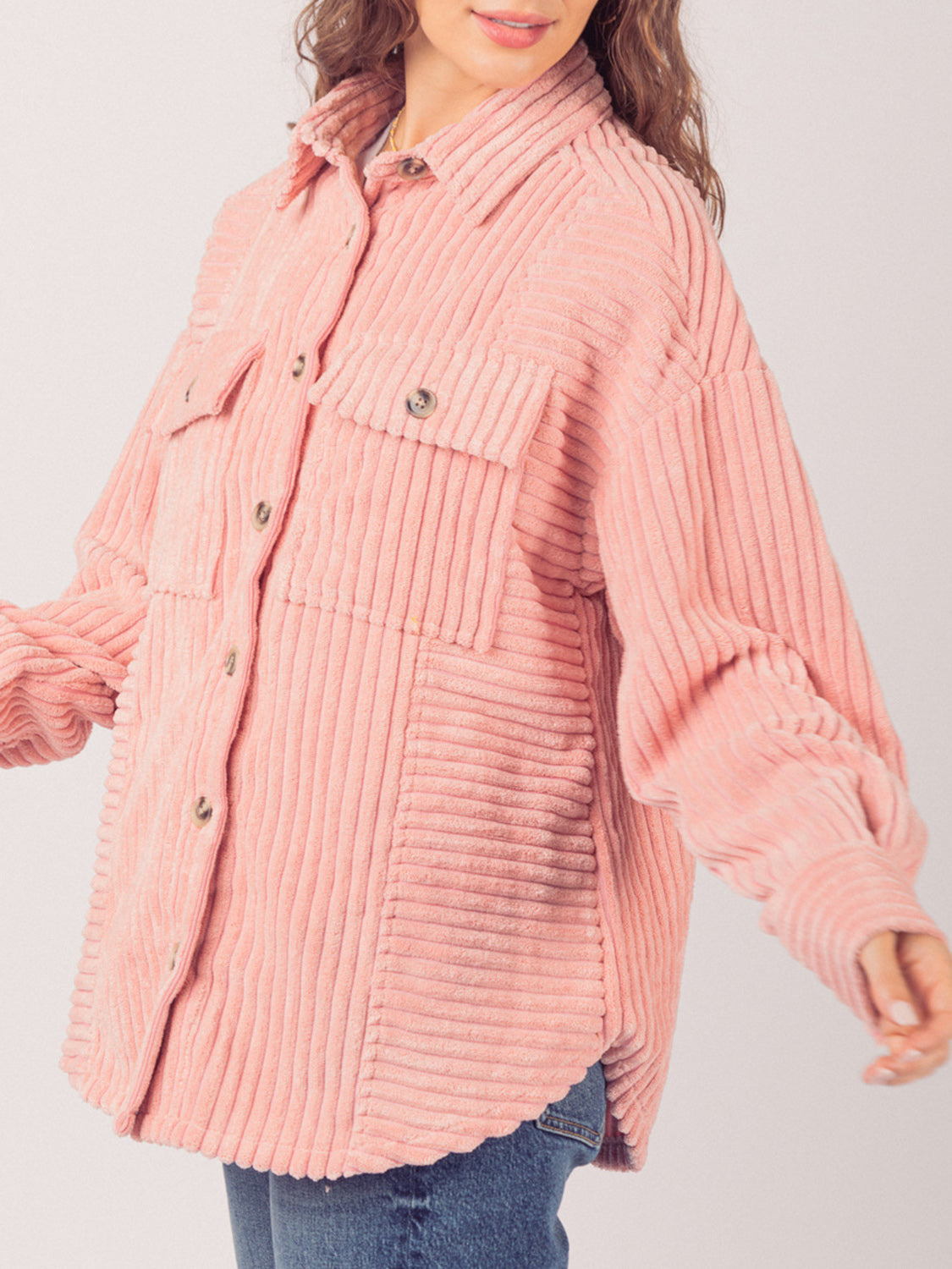 Women's Button-Up Long Sleeve Corduroy Jacket by Trendsi