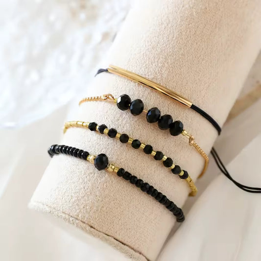 4Pcs Black Glass Stone Bracelet Set for Women – Boho Handmade Jewelry by fashionfashion