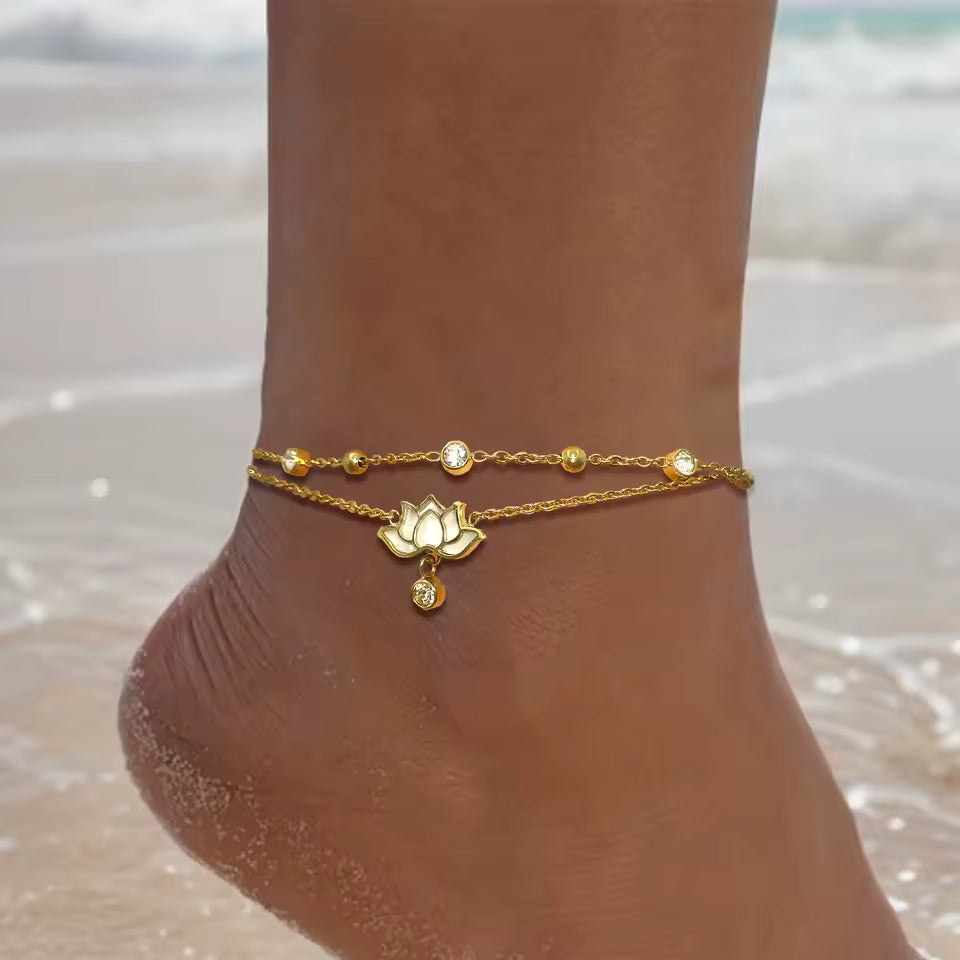 Multi-Layer Zirconia Lotus Anklet for Women – Stainless Steel Summer Jewelry by fashionfashion