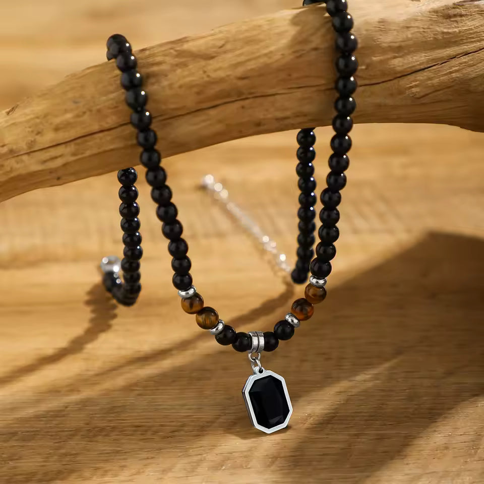 Black Tiger Stone Beaded Necklace for Men – Stainless Steel Pendant Choker by fashionfashion