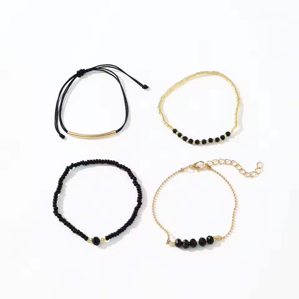 4Pcs Black Glass Stone Bracelet Set for Women – Boho Handmade Jewelry by fashionfashion
