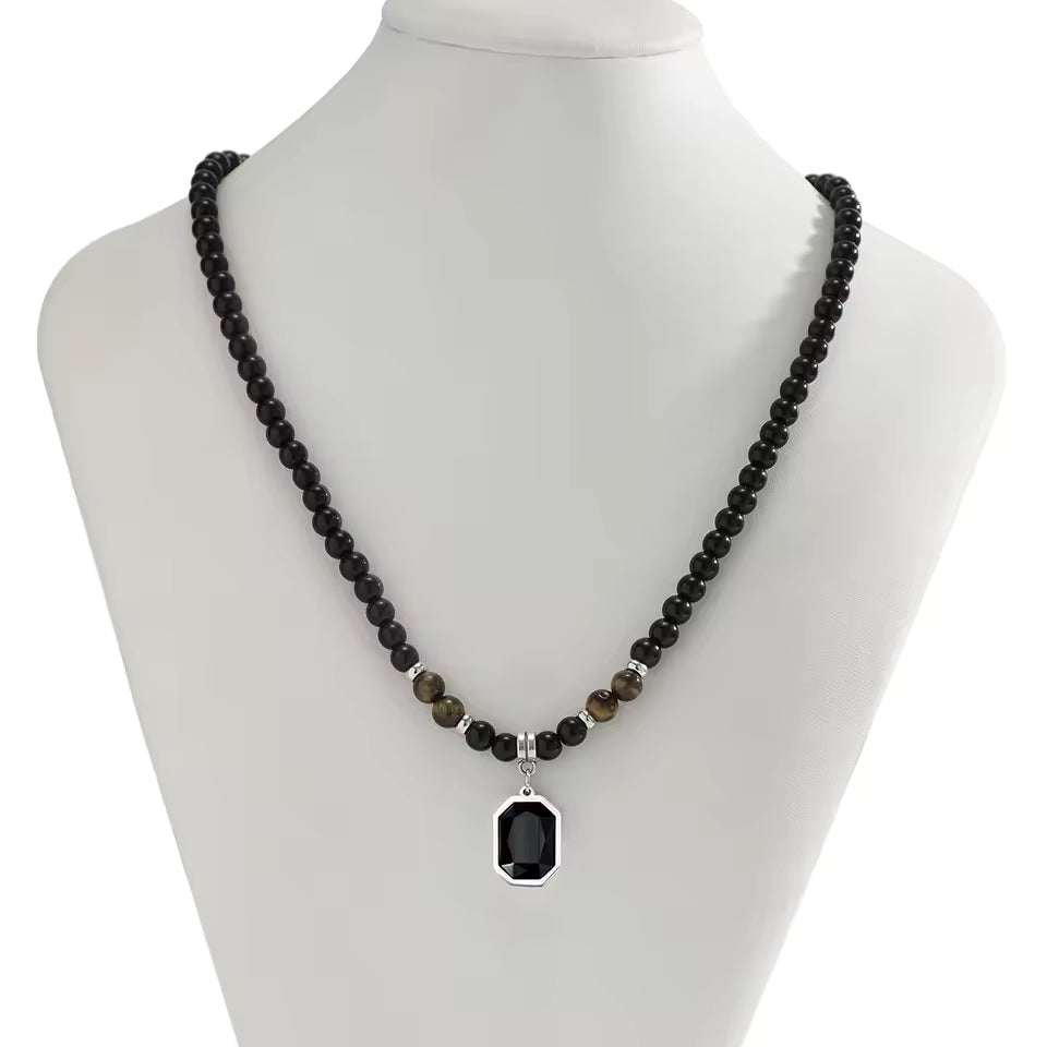 Black Tiger Stone Beaded Necklace for Men – Stainless Steel Pendant Choker by fashionfashion