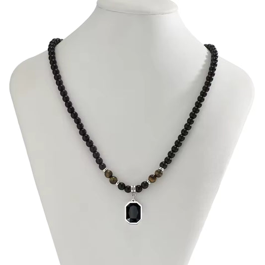 Black Tiger Stone Beaded Necklace for Men – Stainless Steel Pendant Choker by fashionfashion
