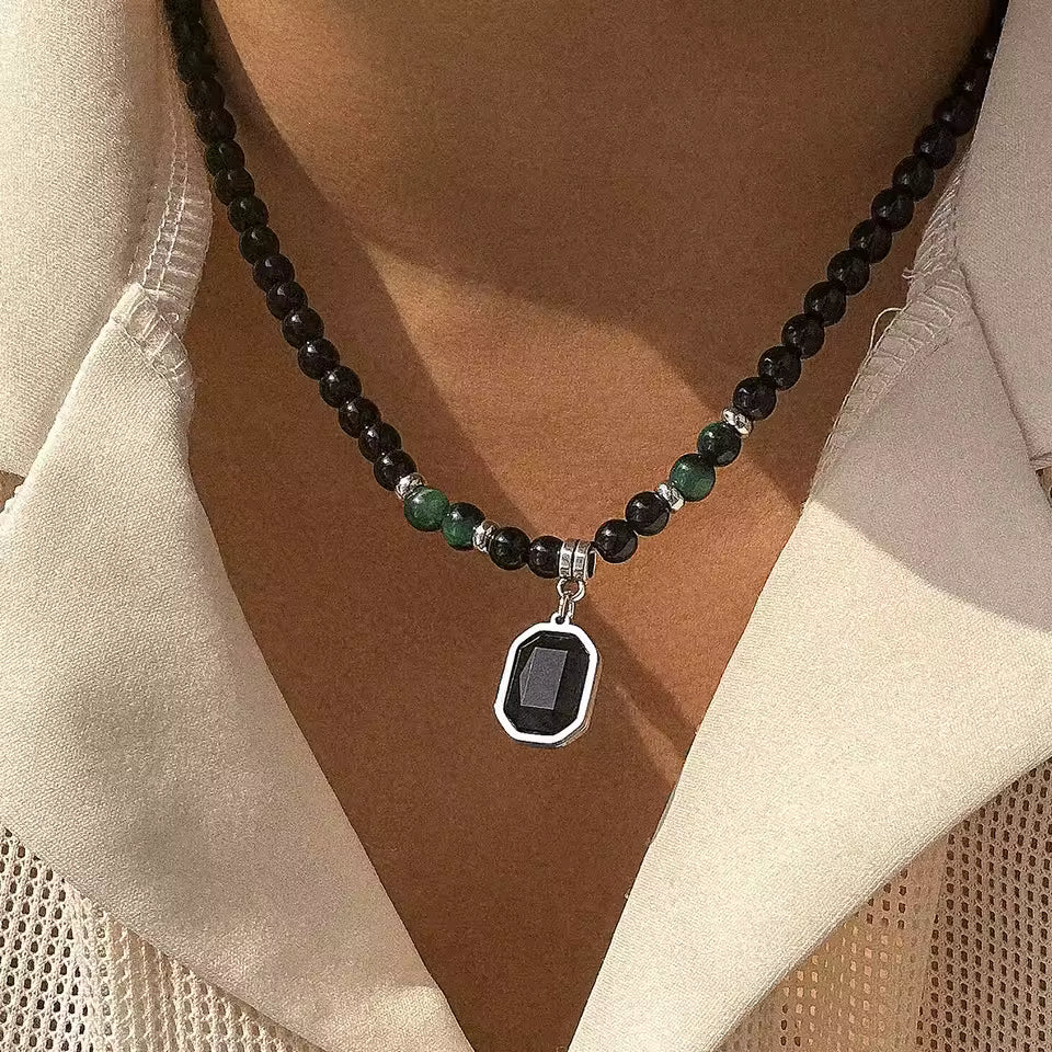 Black Tiger Stone Beaded Necklace for Men – Stainless Steel Pendant Choker by fashionfashion