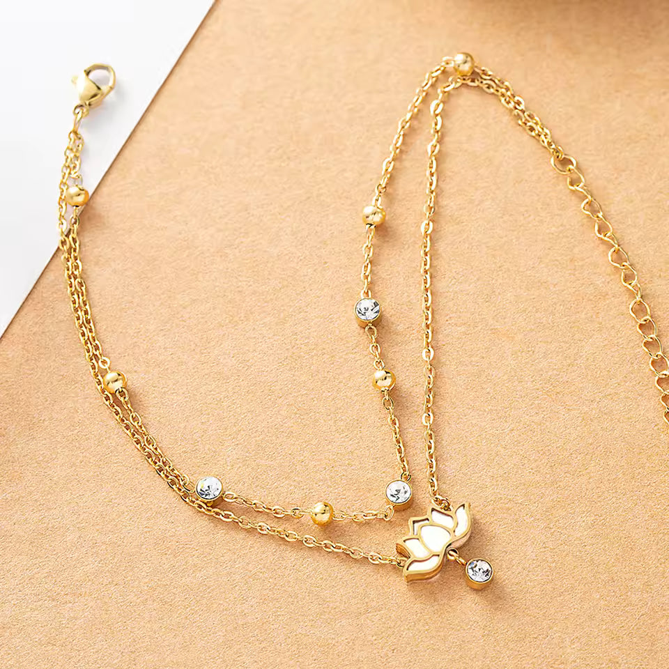 Multi-Layer Zirconia Lotus Anklet for Women – Stainless Steel Summer Jewelry by fashionfashion