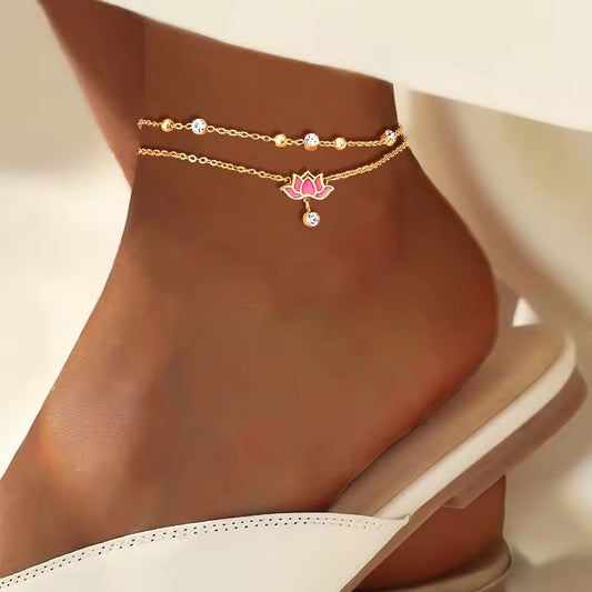 Multi-Layer Zirconia Lotus Anklet for Women – Stainless Steel Summer Jewelry by fashionfashion