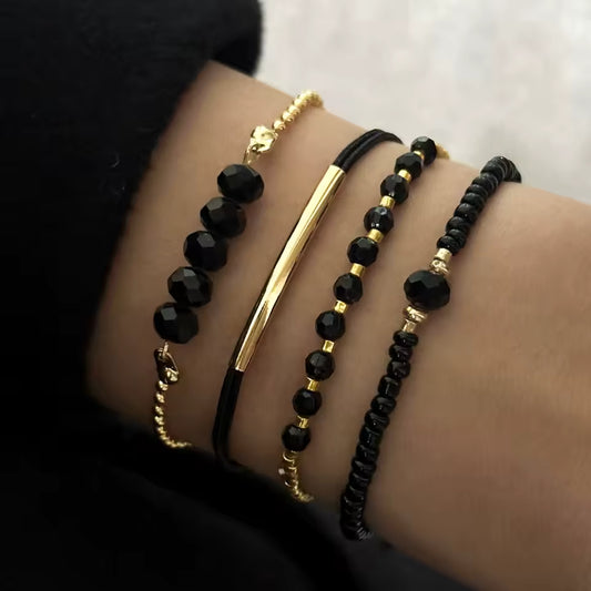 4Pcs Black Glass Stone Bracelet Set for Women – Boho Handmade Jewelry by fashionfashion