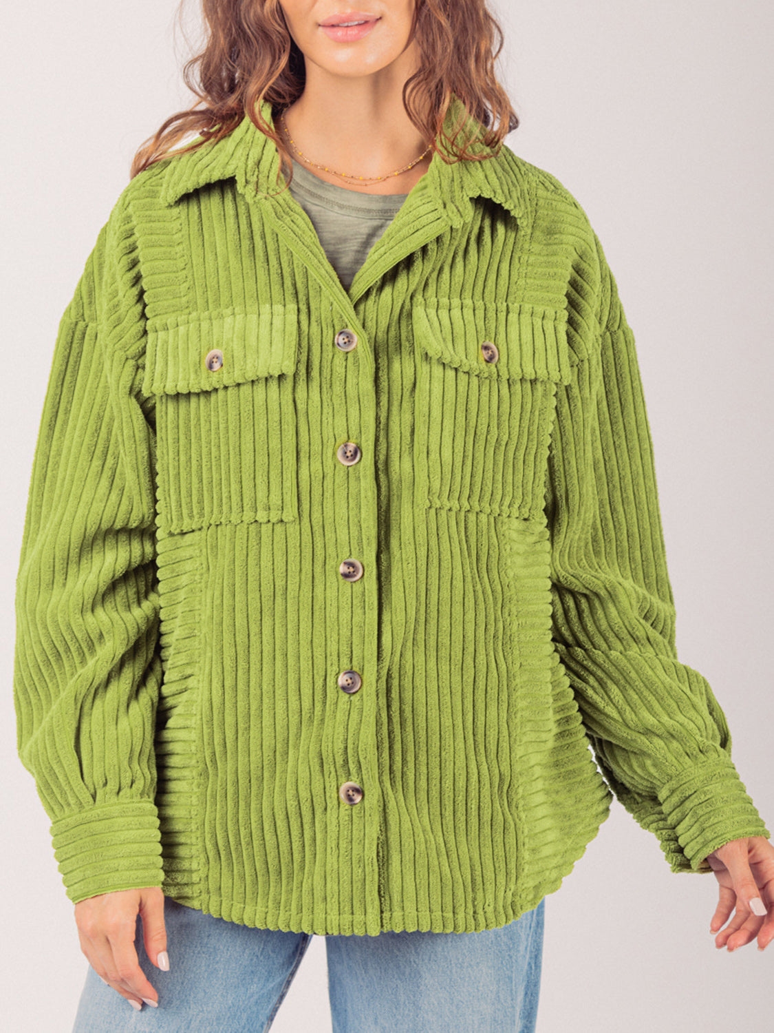 Women's Button-Up Long Sleeve Corduroy Jacket by Trendsi