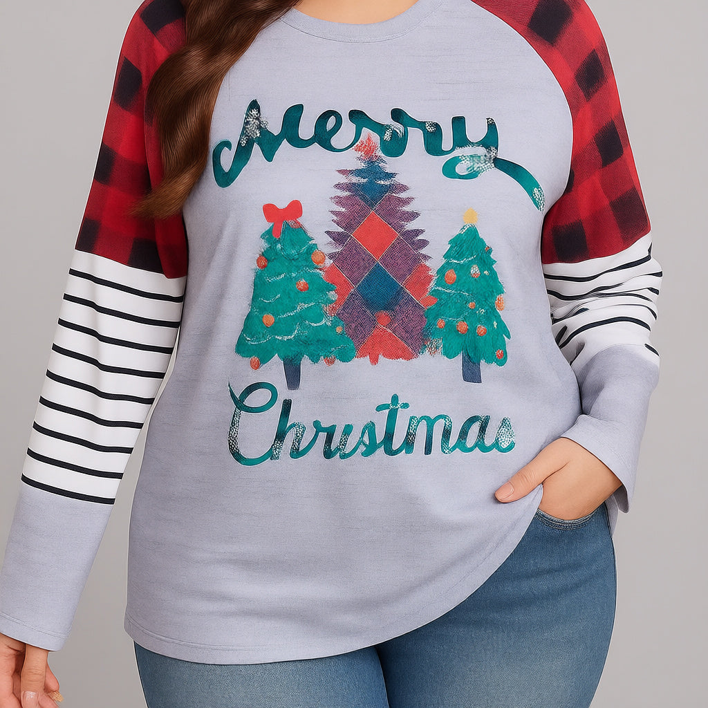 Plus Size Christmas Tree Plaid Round Neck Long Sleeve T-Shirt by Trendsi