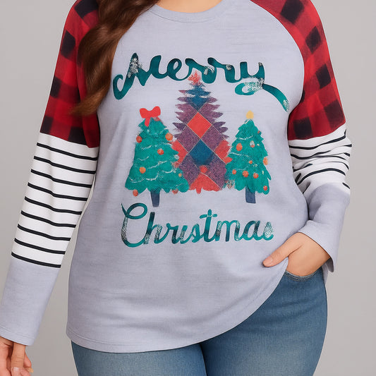 Plus Size Christmas Tree Plaid Round Neck Long Sleeve T-Shirt by Trendsi
